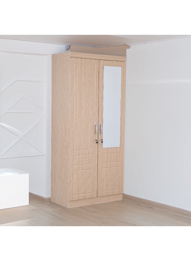 Multi Home Furniture 2 Door Wooden Wardrobe 7721 Oak with Mirror | Modern Storage Almirah with Lock & Handles | Bedroom Clothes Cabinet – Light Oak Finish - Image 3